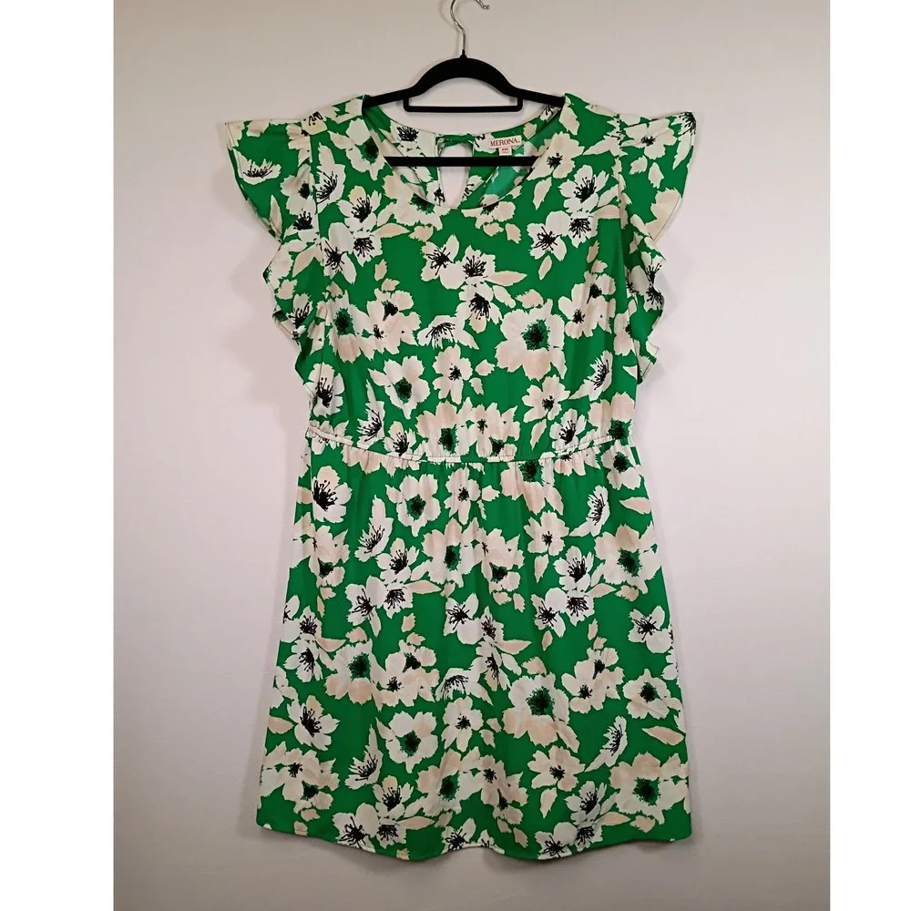 Floral Cottagecore Merona Women XXL Green Flutter‎ Sleeve Keyhole Mini Dress
